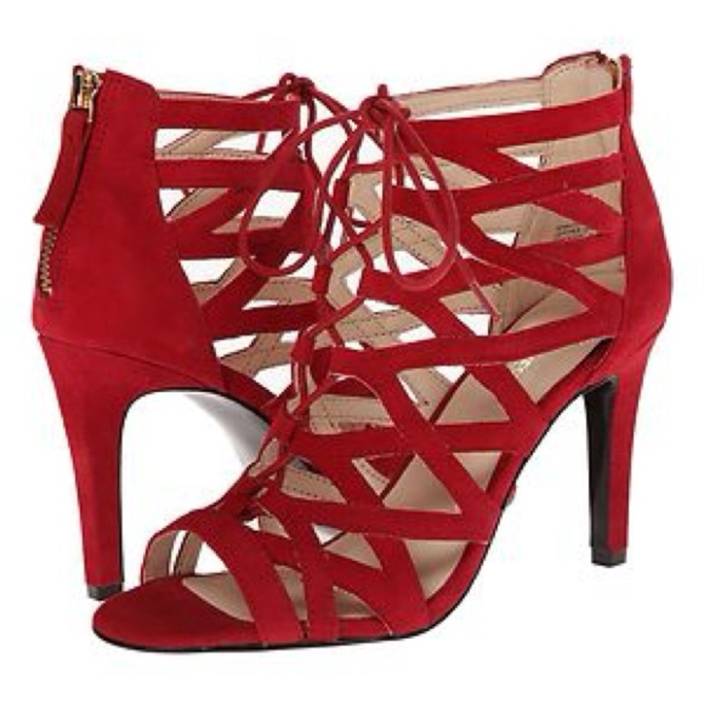 NINE WEST RED SUEDE OPEN TOE ZIPPER WOMEN SANDAL MULTISIZE AS217, Size 9.5